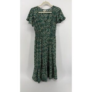 Max Studio Women S Midi Dress Green Floral V-Neck Smocked Waist Ruffle Boho